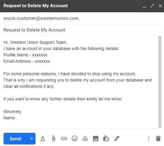 Delete Western Union Account through Email