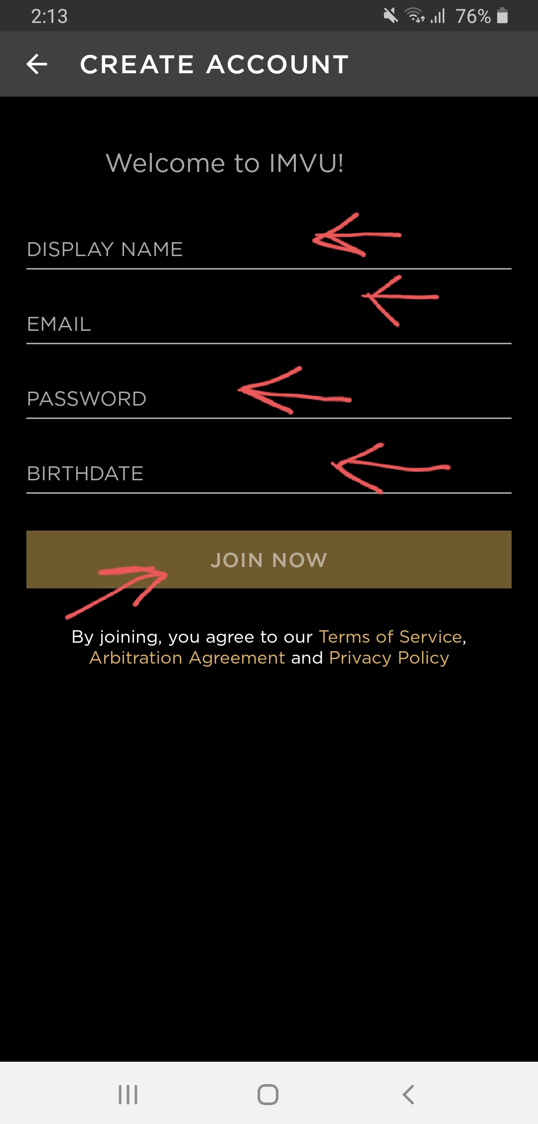 Fill in your name, email, password and birthday