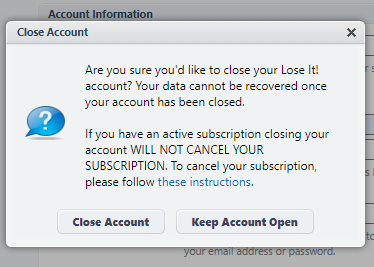 Read through the alert that states that once you delete your account you won’t be able to recover the data nor will you be able to cancel your subscription like this