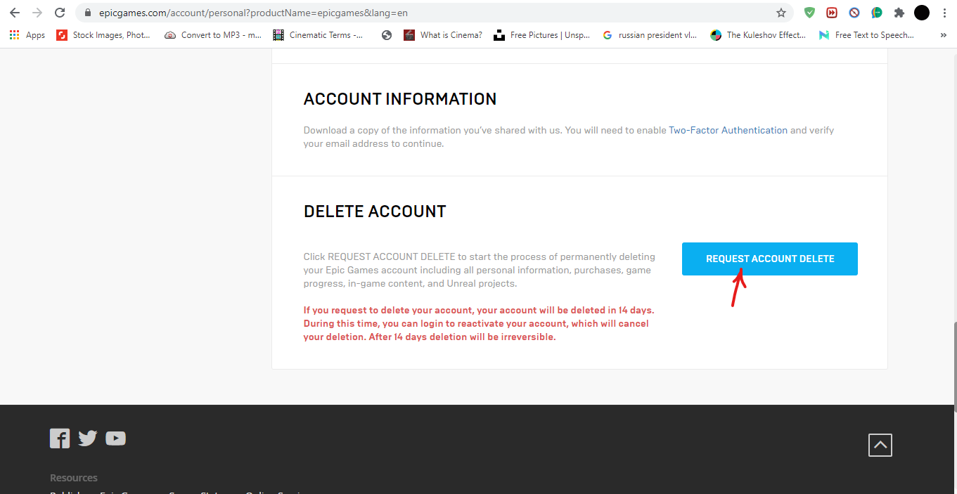 Click on request account delete, after reading the page next to it