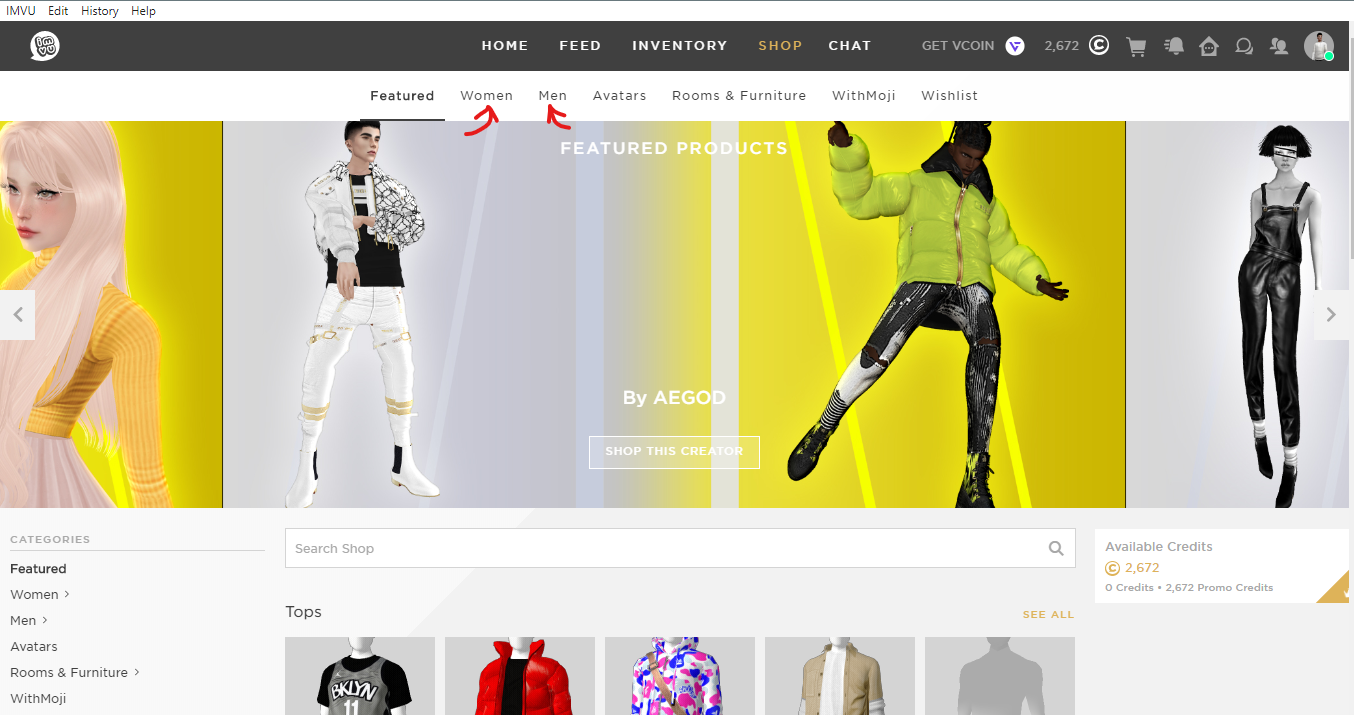 Once on the shopping page, click on women or men’s wear according to your avatar